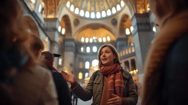 Professional tour guide showing tourists around Istanbul landmarks