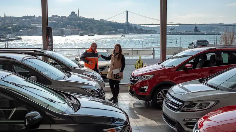 Luxury car rental fleet with premium vehicles parked in modern Istanbul setting